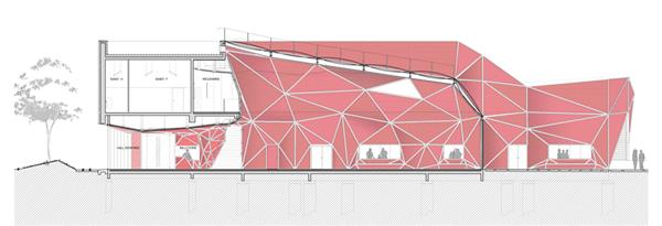 多面红色金属为 Périphériques 的音乐中心创造了雕塑般的外观_3610528