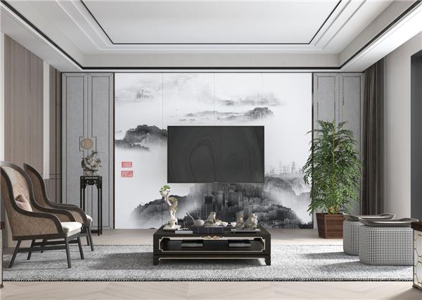 新中式客厅#(中式背景墙)#(效果图施工图)#(新中式背景墙)