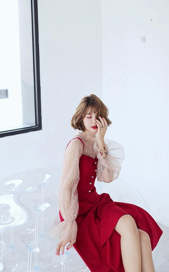 【菲麦司】红色小礼服平时可穿时尚长袖洋装敬酒服#婚纱礼服 #敬酒服 #礼服 